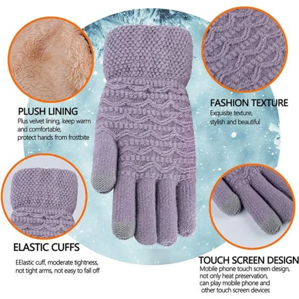 Women's Thermal Cable Knit Wool Fleece Lined Glove for Cold Weather, Purple